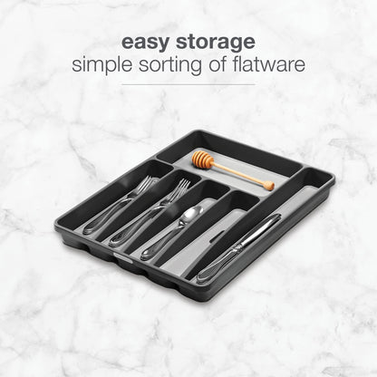 Premium Silverware Tray, 6 Compartment Flatware Organizer for Forks, Knives & Spoons, Non Slip, Soft Grip Lining, Durable Drawer Organizer, Black