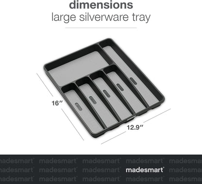 Premium Silverware Tray, 6 Compartment Flatware Organizer for Forks, Knives & Spoons, Non Slip, Soft Grip Lining, Durable Drawer Organizer, Black