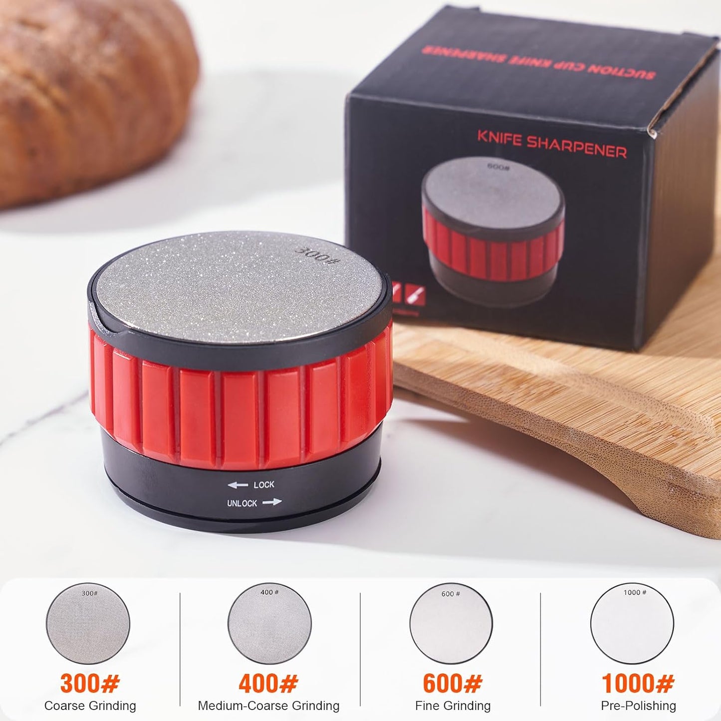 Knife Sharpener With Suction Cup, Round Blade Sharpener With 2 Pcs Double-Sided Diamond Grinding Discs, Handheld Knives Sharpener Kit for All Knives Including Kitchen Knives, Pocket, Scissors
