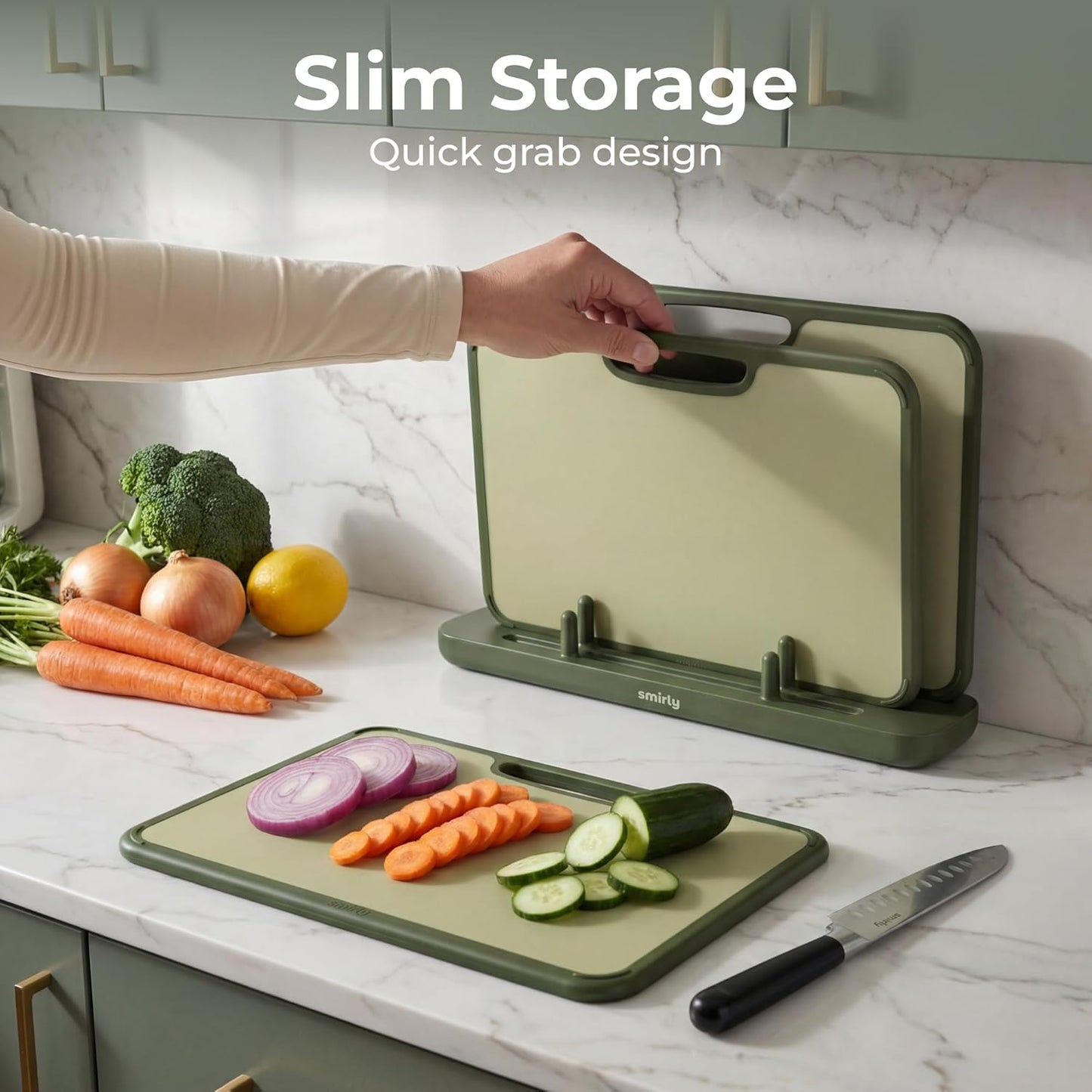 Plastic Cutting Board Set with Holder, Non-Slip Chopping Boards for Kitchen, Dishwasher Safe, Essential Kitchen Gadgets, 3 Pack, Green