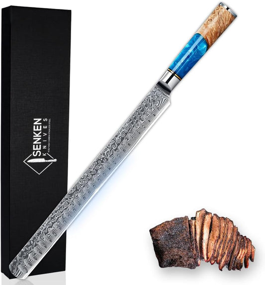 SENKEN 12" Damascus Steel Brisket Knife - Tsunami Collection - 67-Layer Japanese VG10 Steel with Blue Resin Burl Wood Handle - Ultra Sharp Carving Knife for Brisket, Meat, Roasts, and Large Fruit