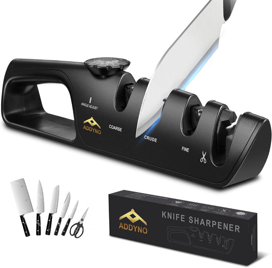 Knife Sharpener, Adjustable Angle 4-in-1 Kitchen Knife Sharpener, 3-Stage Coarse Sharpen Fine with Scissors Slot, Non-Slip Base Ergonomic Handle for Household Knives and Scissors