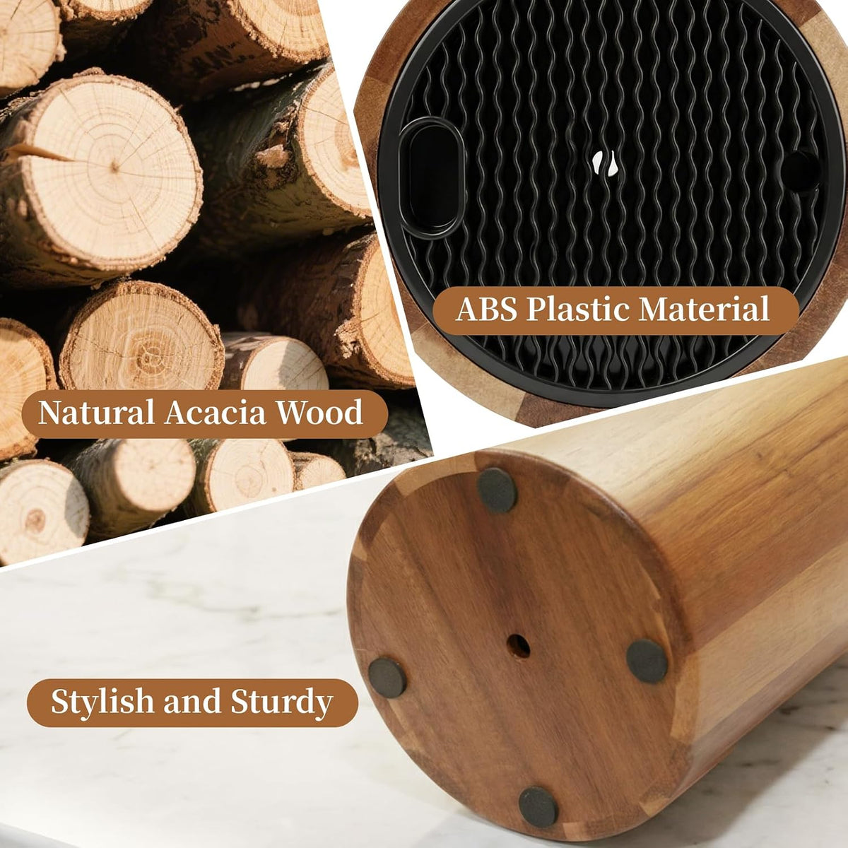 Round Acacia Wood Knife Block Without Knives