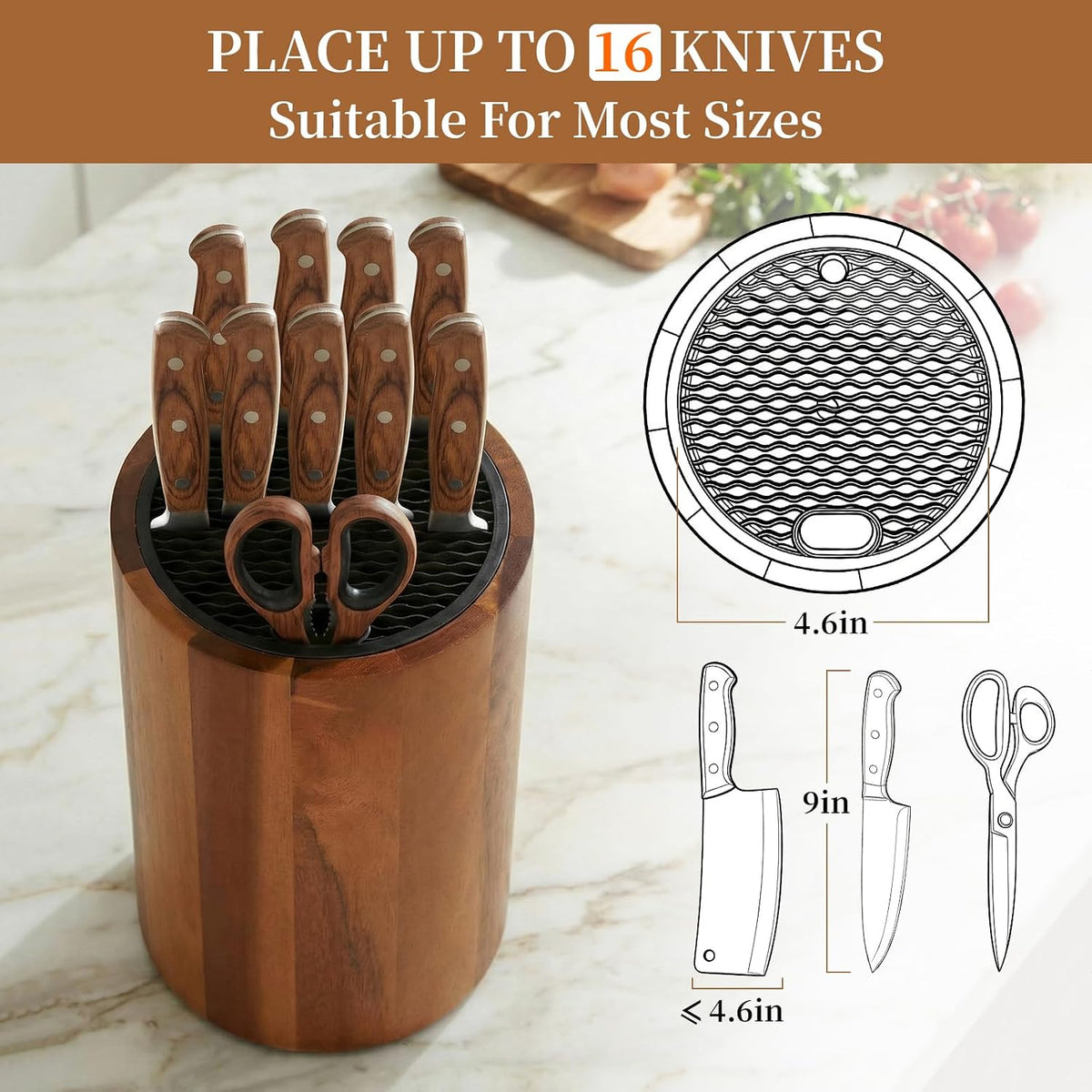 Round Acacia Wood Knife Block Without Knives