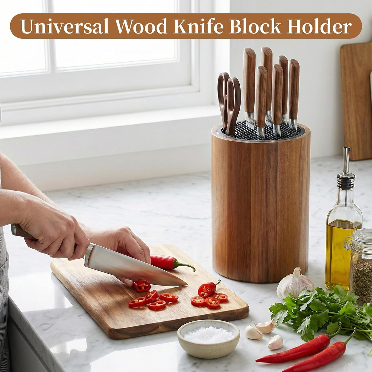 Round Acacia Wood Knife Block Without Knives