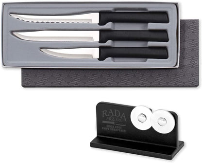 Cooking Essentials Gift Set (G249) + Sharpener, Black Handle | 3-Piece Knife Set with Quick Edge Sharpener (R119), Stainless Steel Blades, Black Resin Handle