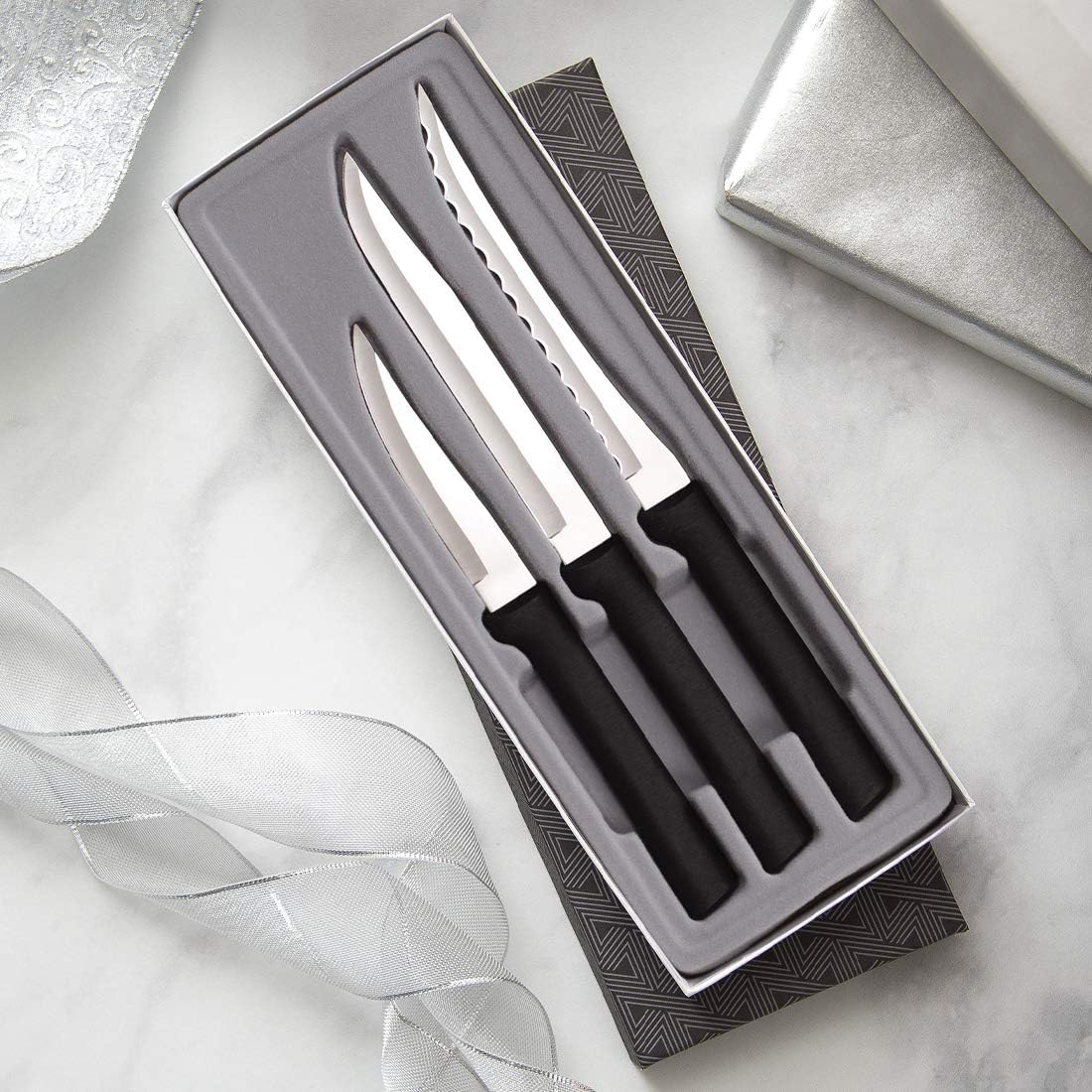 Cooking Essentials Gift Set (G249) + Sharpener, Black Handle | 3-Piece Knife Set with Quick Edge Sharpener (R119), Stainless Steel Blades, Black Resin Handle