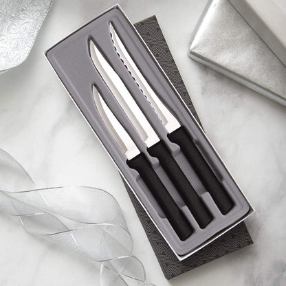 Cooking Essentials Gift Set (G249) + Sharpener, Black Handle | 3-Piece Knife Set with Quick Edge Sharpener (R119), Stainless Steel Blades, Black Resin Handle