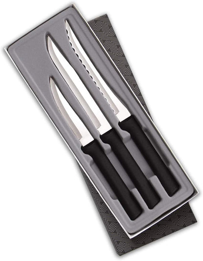 Cooking Essentials Gift Set (G249) + Sharpener, Black Handle | 3-Piece Knife Set with Quick Edge Sharpener (R119), Stainless Steel Blades, Black Resin Handle