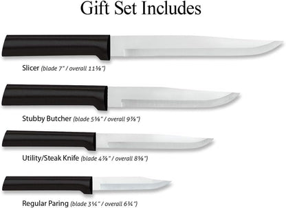 Cooking Essentials Gift Set (G249) + Sharpener, Black Handle | 3-Piece Knife Set with Quick Edge Sharpener (R119), Stainless Steel Blades, Black Resin Handle