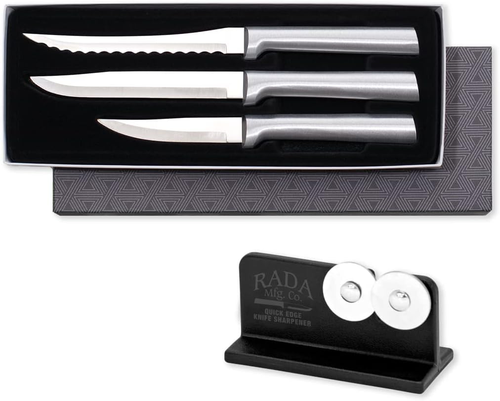 Cooking Essentials Gift Set (G249) + Sharpener, Black Handle | 3-Piece Knife Set with Quick Edge Sharpener (R119), Stainless Steel Blades, Black Resin Handle