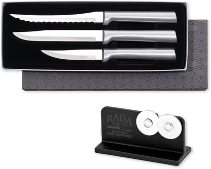 Cooking Essentials Gift Set (G249) + Sharpener, Black Handle | 3-Piece Knife Set with Quick Edge Sharpener (R119), Stainless Steel Blades, Black Resin Handle