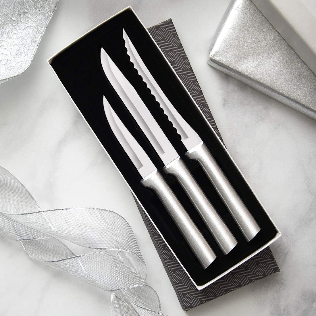 Cooking Essentials Gift Set (G249) + Sharpener, Black Handle | 3-Piece Knife Set with Quick Edge Sharpener (R119), Stainless Steel Blades, Black Resin Handle