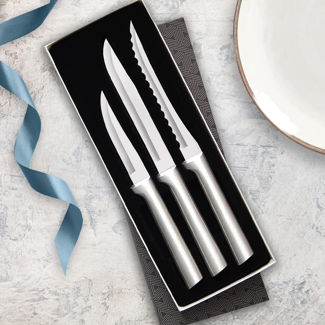 Cooking Essentials Gift Set (G249) + Sharpener, Black Handle | 3-Piece Knife Set with Quick Edge Sharpener (R119), Stainless Steel Blades, Black Resin Handle