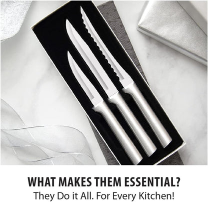 Cooking Essentials Gift Set (G249) + Sharpener, Black Handle | 3-Piece Knife Set with Quick Edge Sharpener (R119), Stainless Steel Blades, Black Resin Handle