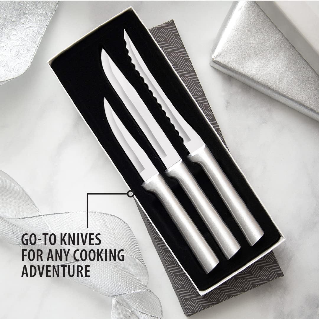 Cooking Essentials Gift Set (G249) + Sharpener, Black Handle | 3-Piece Knife Set with Quick Edge Sharpener (R119), Stainless Steel Blades, Black Resin Handle