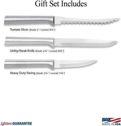 Cooking Essentials Gift Set (G249) + Sharpener, Black Handle | 3-Piece Knife Set with Quick Edge Sharpener (R119), Stainless Steel Blades, Black Resin Handle