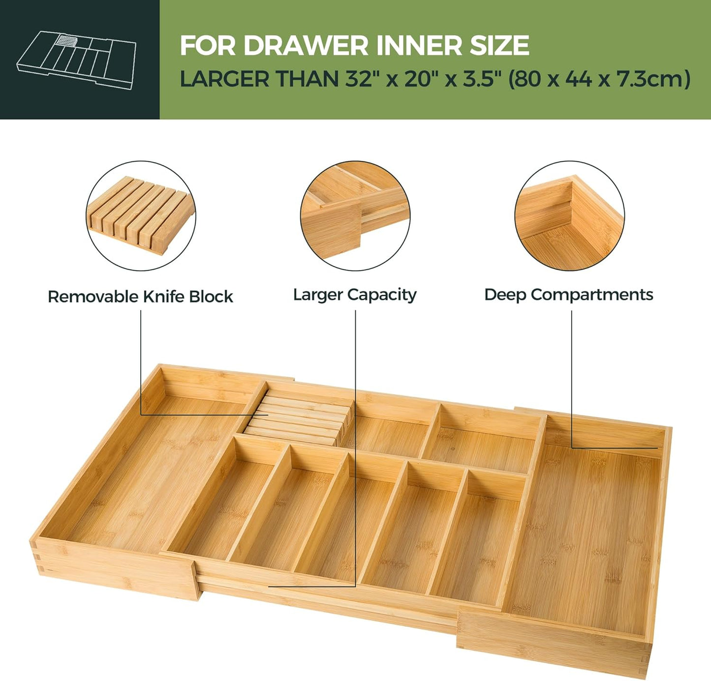 VaeFae Extra Large Kitchen Utensil Holder, Bamboo Silverware Drawer Organizer, Expandable Cutlery Organizer with Knife Block, Multifunctional Drawer Divider