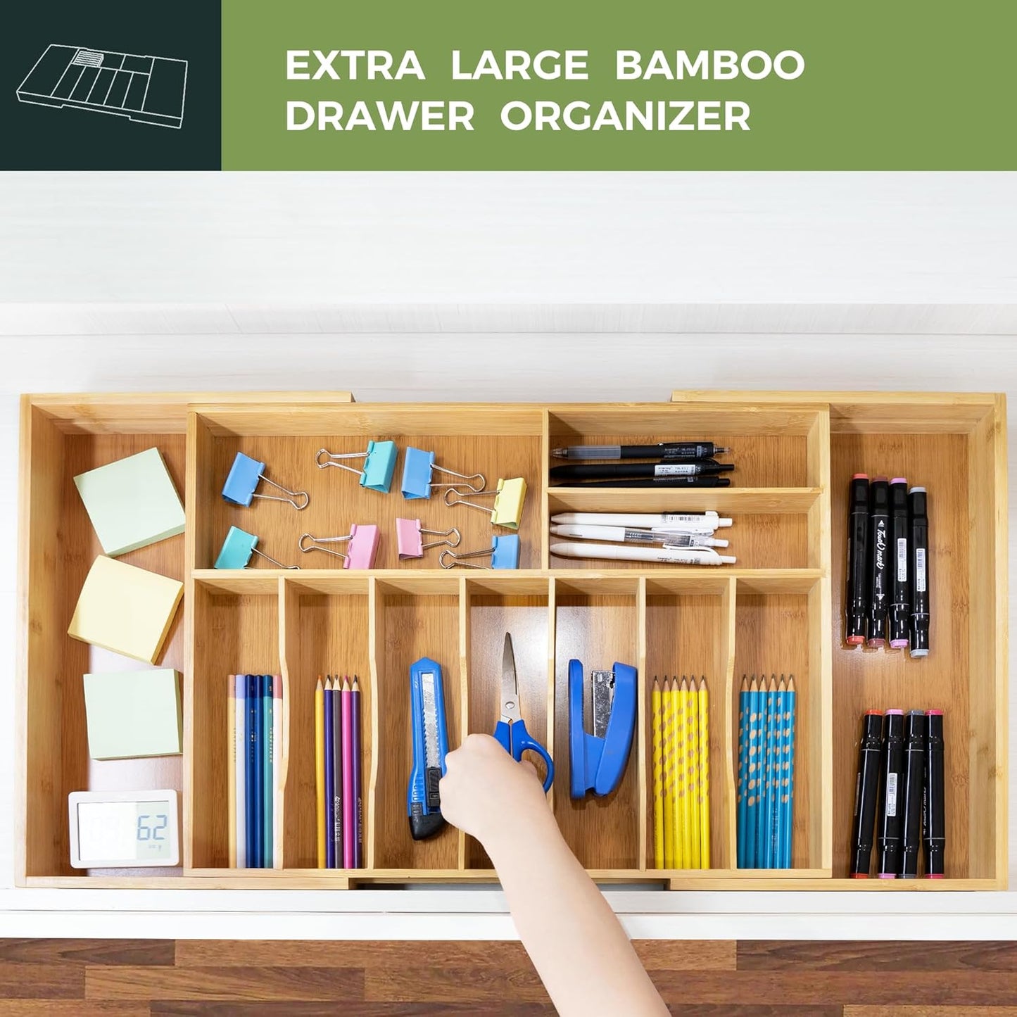 VaeFae Extra Large Kitchen Utensil Holder, Bamboo Silverware Drawer Organizer, Expandable Cutlery Organizer with Knife Block, Multifunctional Drawer Divider