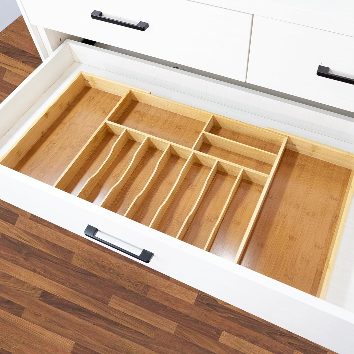 VaeFae Extra Large Kitchen Utensil Holder, Bamboo Silverware Drawer Organizer, Expandable Cutlery Organizer with Knife Block, Multifunctional Drawer Divider