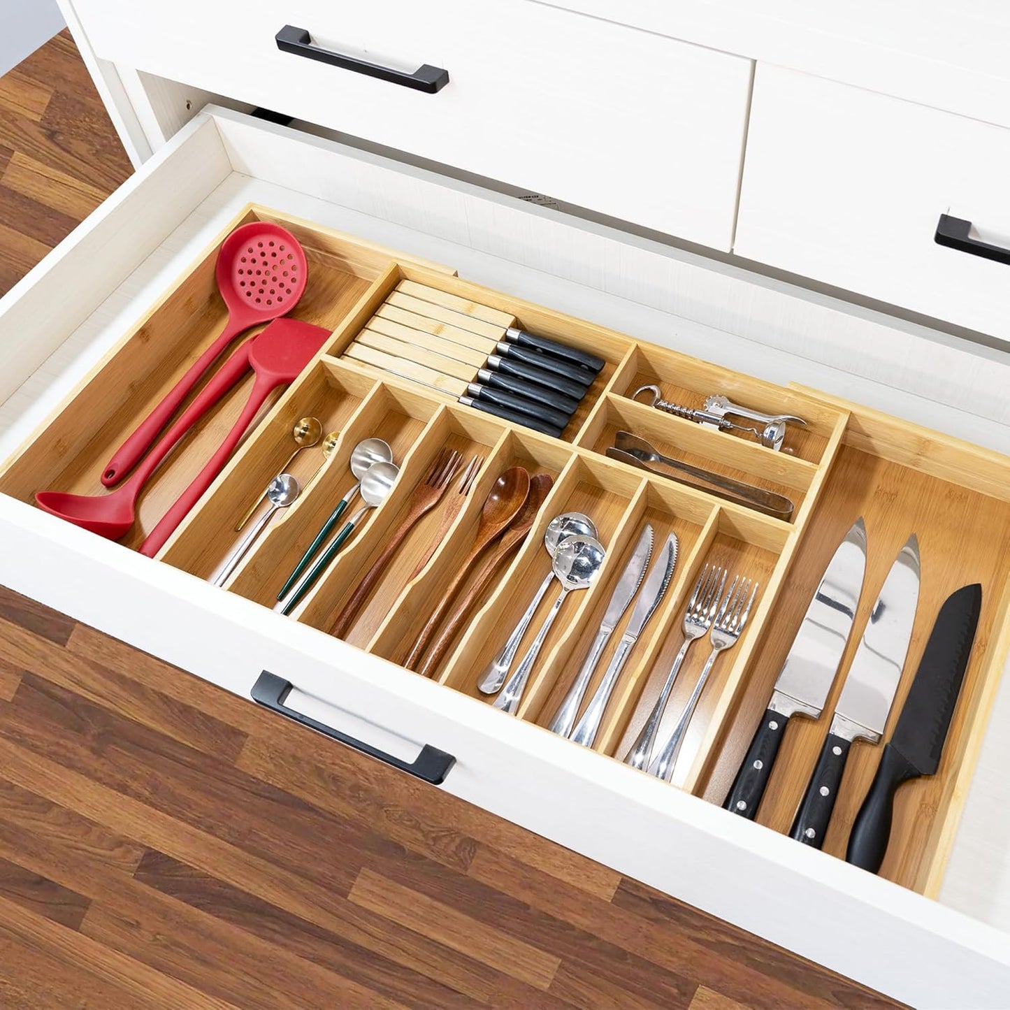 VaeFae Extra Large Kitchen Utensil Holder, Bamboo Silverware Drawer Organizer, Expandable Cutlery Organizer with Knife Block, Multifunctional Drawer Divider