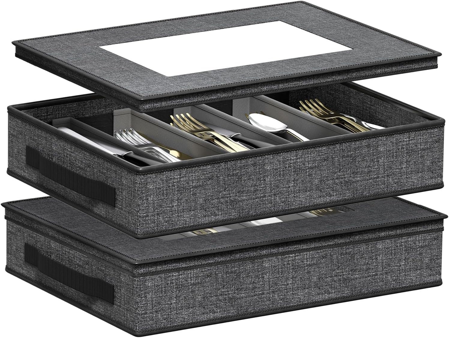 2-Pack Silverware Storage Box, Sturdy Flatware Organizer with 5 Compartments & Adjustable Dividers, Utensil Case with Clear Lid & Handle for Knives, Forks & Spoons, Gray