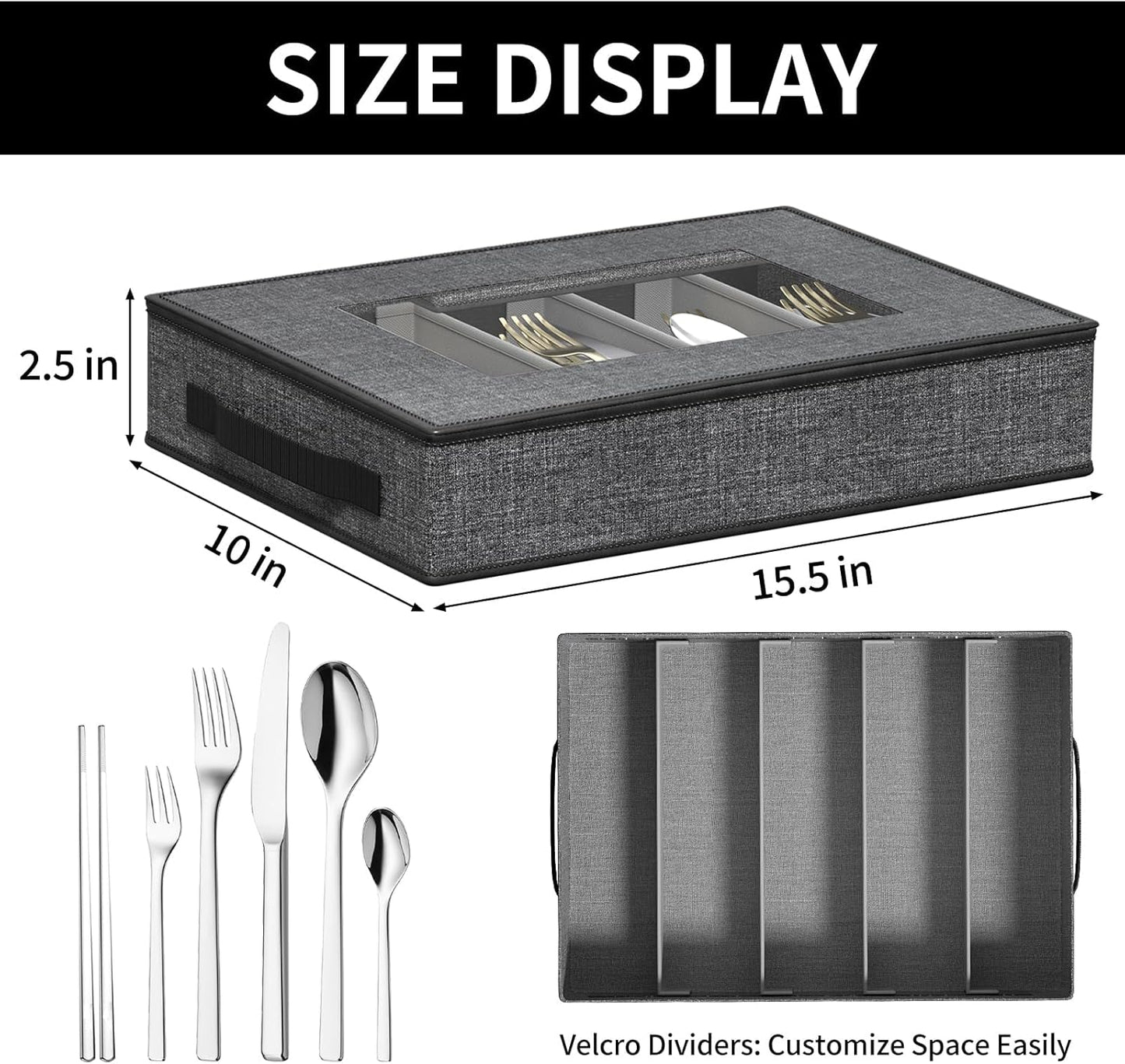 2-Pack Silverware Storage Box, Sturdy Flatware Organizer with 5 Compartments & Adjustable Dividers, Utensil Case with Clear Lid & Handle for Knives, Forks & Spoons, Gray