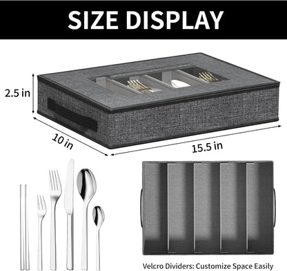2-Pack Silverware Storage Box, Sturdy Flatware Organizer with 5 Compartments & Adjustable Dividers, Utensil Case with Clear Lid & Handle for Knives, Forks & Spoons, Gray