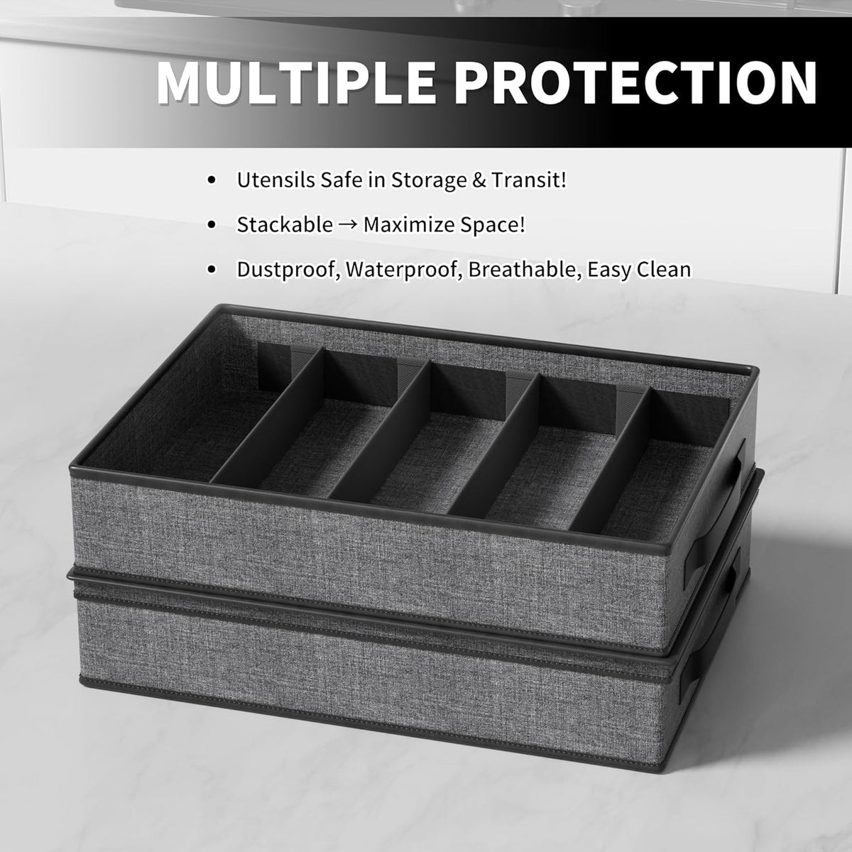 2-Pack Silverware Storage Box, Sturdy Flatware Organizer with 5 Compartments & Adjustable Dividers, Utensil Case with Clear Lid & Handle for Knives, Forks & Spoons, Gray