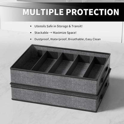 2-Pack Silverware Storage Box, Sturdy Flatware Organizer with 5 Compartments & Adjustable Dividers, Utensil Case with Clear Lid & Handle for Knives, Forks & Spoons, Gray