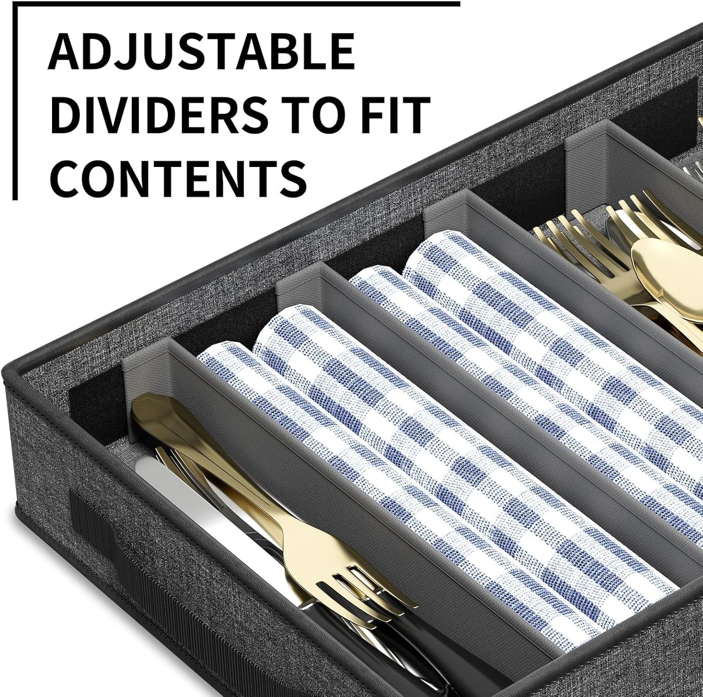 2-Pack Silverware Storage Box, Sturdy Flatware Organizer with 5 Compartments & Adjustable Dividers, Utensil Case with Clear Lid & Handle for Knives, Forks & Spoons, Gray