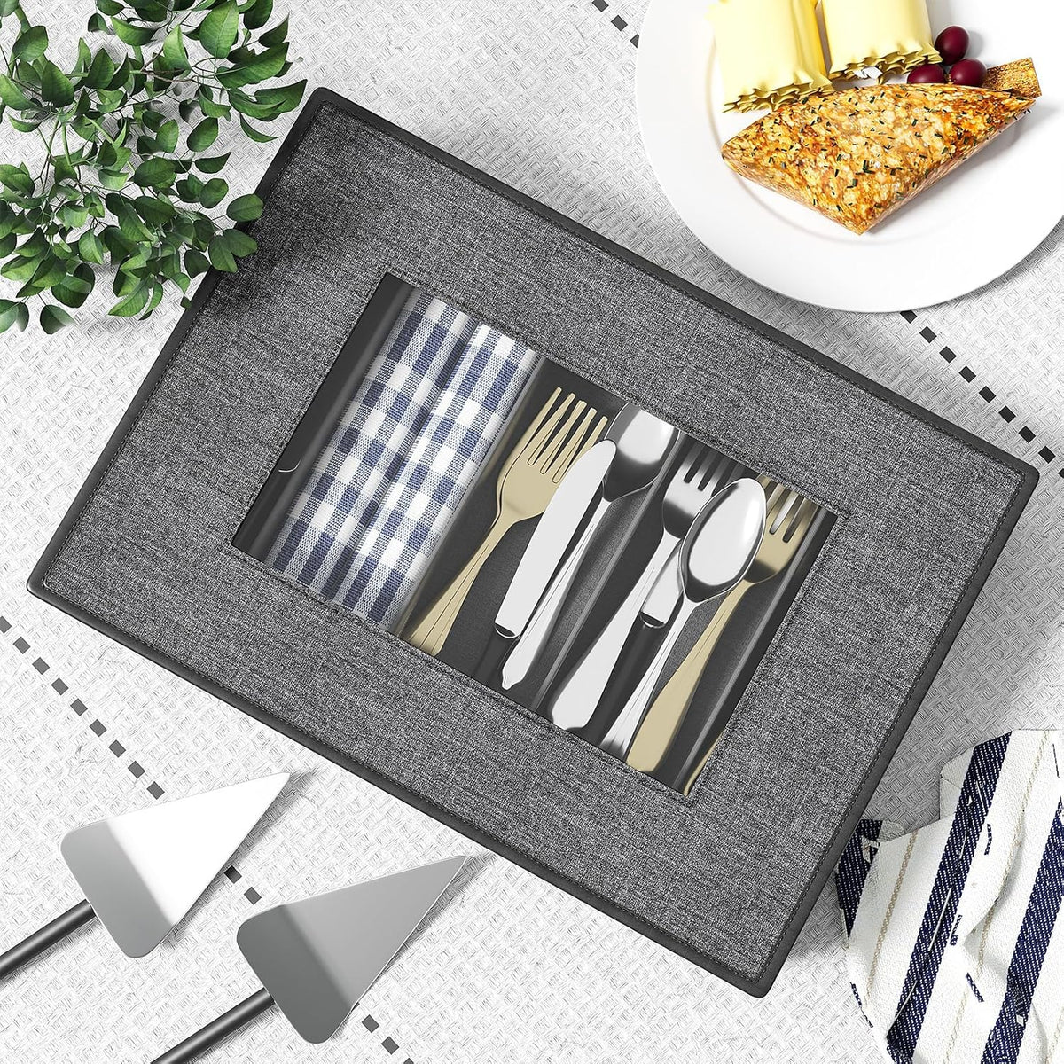2-Pack Silverware Storage Box, Sturdy Flatware Organizer with 5 Compartments & Adjustable Dividers, Utensil Case with Clear Lid & Handle for Knives, Forks & Spoons, Gray