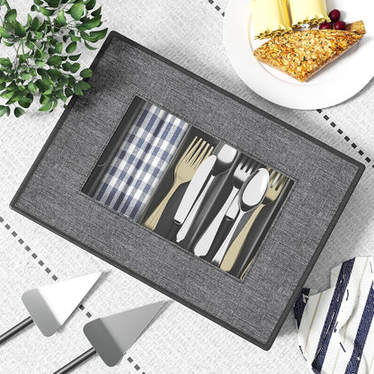 2-Pack Silverware Storage Box, Sturdy Flatware Organizer with 5 Compartments & Adjustable Dividers, Utensil Case with Clear Lid & Handle for Knives, Forks & Spoons, Gray