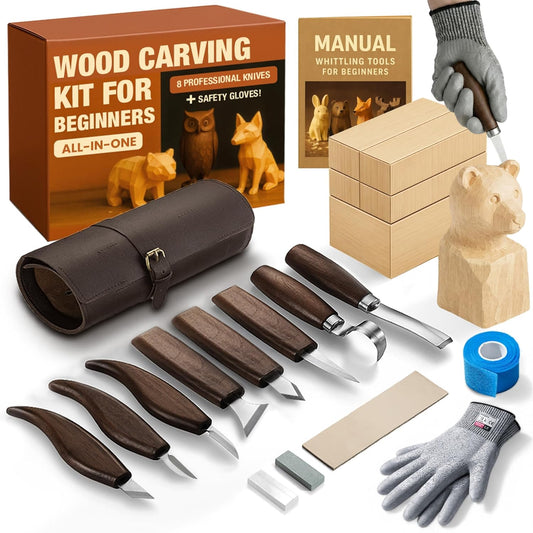 Wood Carving Kit for Beginners - Gift Ready Complete Tools Set | Whittling Kit with 8 Wood Carving Knives, Spoon Carving Tools, Wood Blocks, Gloves, Roll Bag and Sharpening Strop