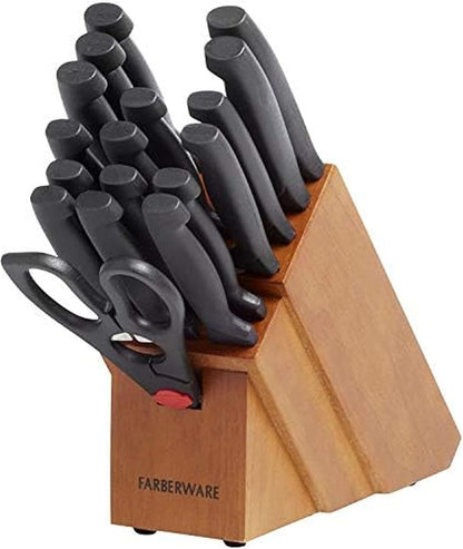 Knife Block Set, 18-Piece Kitchen Knife Set with Natural Finish Block, Never-Needs-Sharpening High Carbon Stainless Steel Blades and Non-Slip Handles