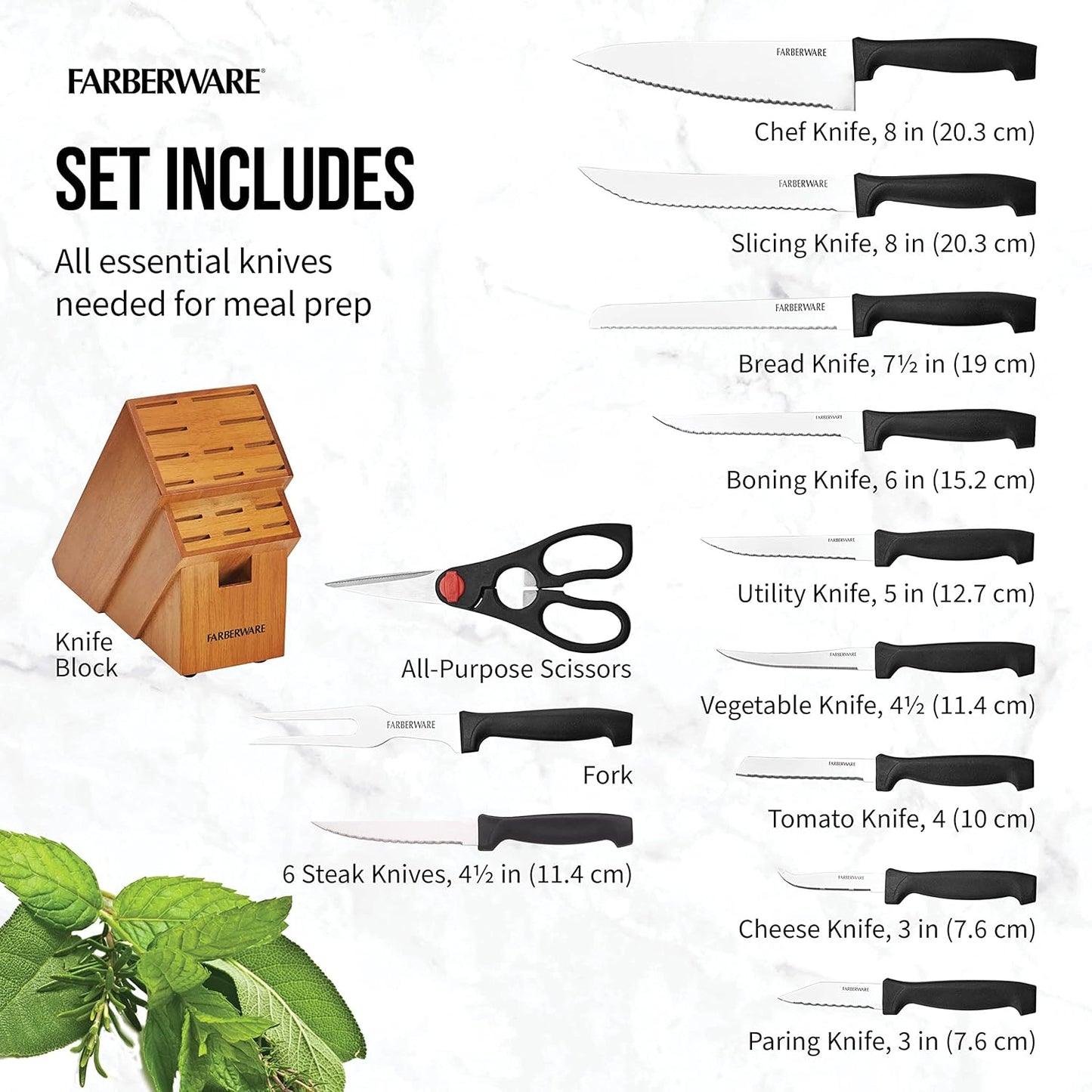 Knife Block Set, 18-Piece Kitchen Knife Set with Natural Finish Block, Never-Needs-Sharpening High Carbon Stainless Steel Blades and Non-Slip Handles