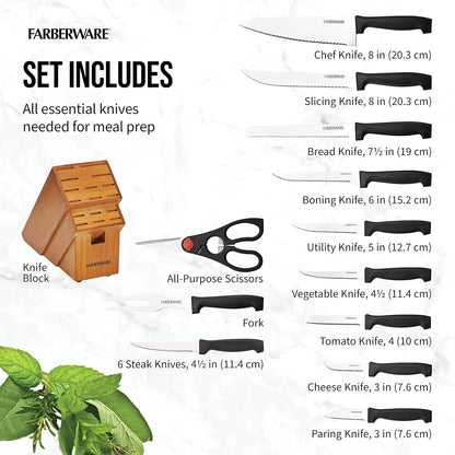 Knife Block Set, 18-Piece Kitchen Knife Set with Natural Finish Block, Never-Needs-Sharpening High Carbon Stainless Steel Blades and Non-Slip Handles