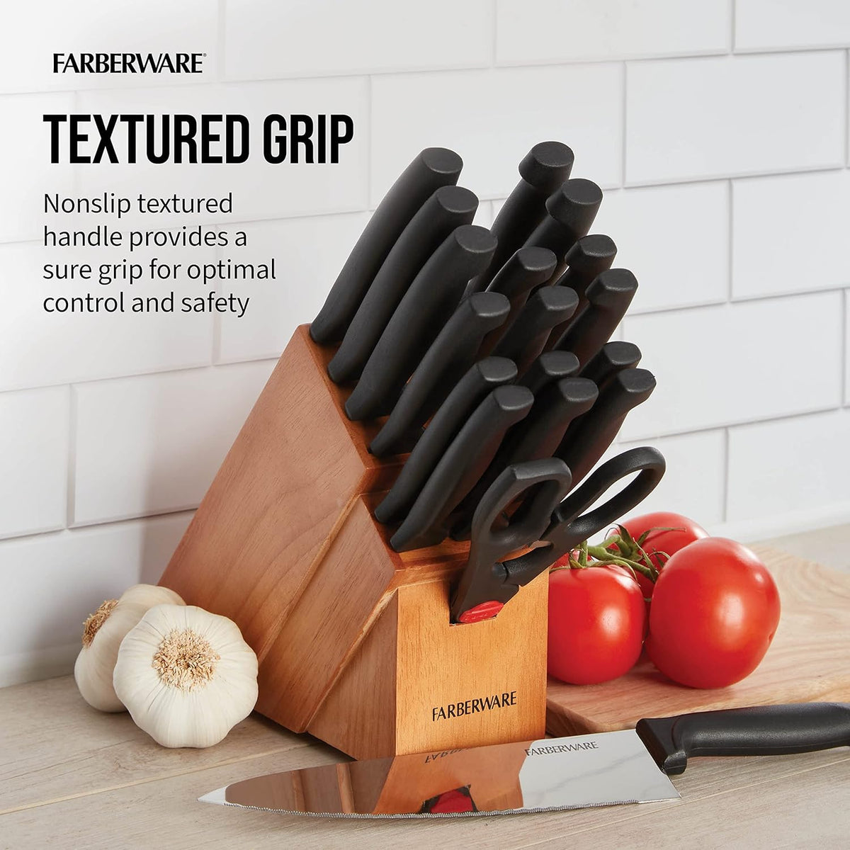 Knife Block Set, 18-Piece Kitchen Knife Set with Natural Finish Block, Never-Needs-Sharpening High Carbon Stainless Steel Blades and Non-Slip Handles