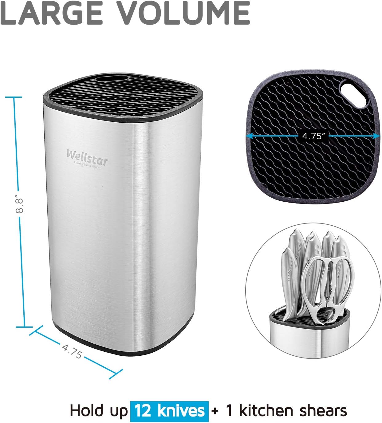 Universal Knife Block Holder, Stainless Steel Knife Stand Without Knives, Safe Space Saver Large Volume Stable Knife Storage with Scissors Slot, Detachable for Easy Cleaning - Square
