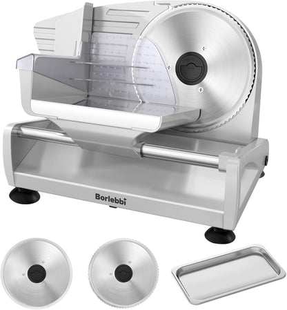 Meat Slicer Machine for Home, 200W Food Slicer with Two 7.5" Blades | 200W DC Motor, 2 Removable 7.5" Stainless Steel Blades, Stainless Steel Tray, Child Lock, 0-15 mm Adjustable Thickness