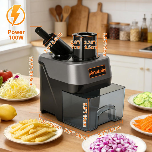 6-In-1 Electric Commercial Food Processor Vegetable Chopper Dicer | Veggie Cuber Slicer Shredder & Crinkle Cutter, Auto Discharge, Dual Food Inlets, with Container, for Potato Onion Carrot 100W
