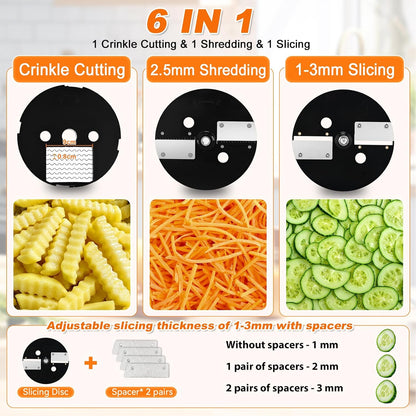 6-In-1 Electric Commercial Food Processor Vegetable Chopper Dicer | Veggie Cuber Slicer Shredder & Crinkle Cutter, Auto Discharge, Dual Food Inlets, with Container, for Potato Onion Carrot 100W
