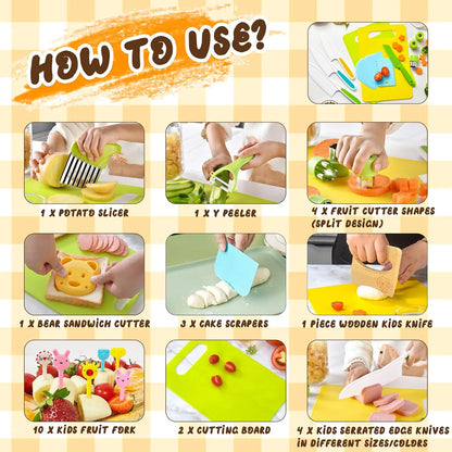 27 Pcs Montessori Kitchen Tools for Toddlers, Kids Knives for Real Cooking Safe Knife Set Include Toddler Cutting Boards Sandwich Cutters Peeler for Birthday Tools for Age 2-10 Year Old Girl Boy