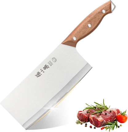 7.3” Meat Cleaver Butcher Knife, Chinese Vegetable Chopper Slicing Knife, Professional Chef Knife with Wood Handle and High Carbon Stainless Steel Sharp Blade