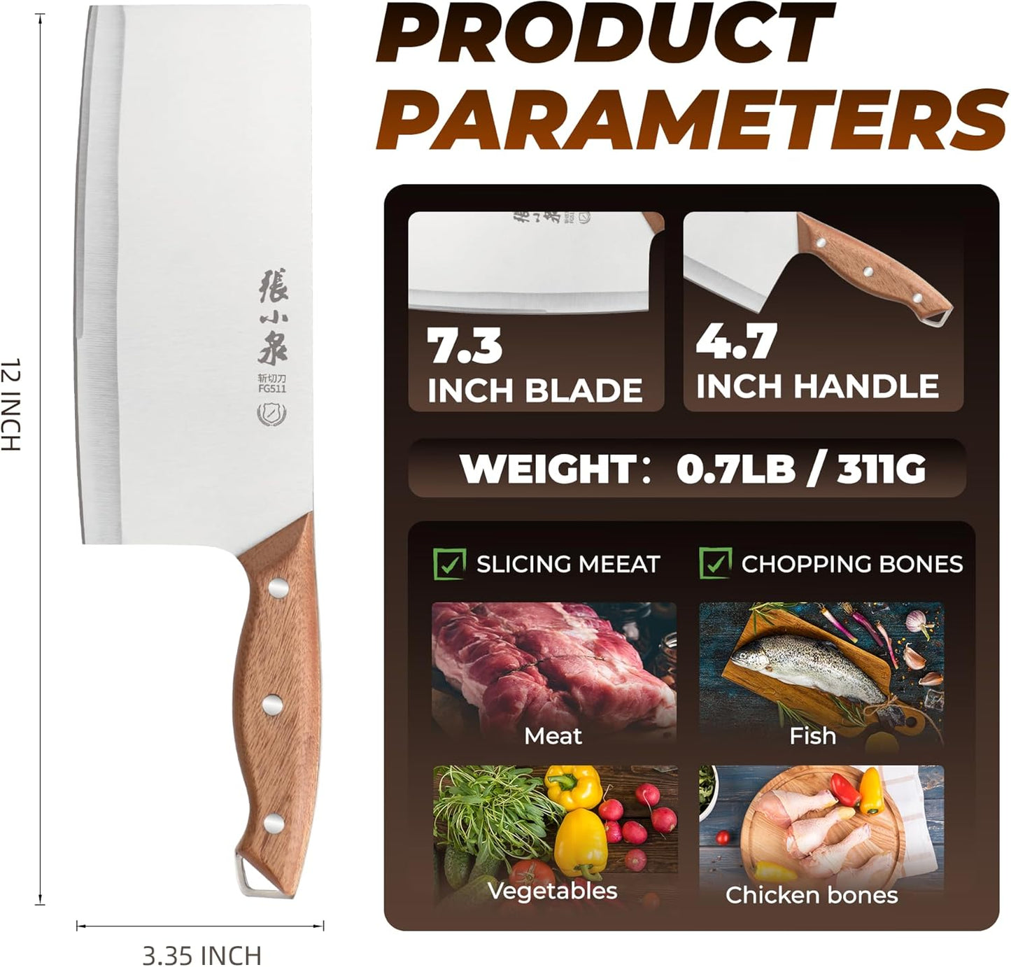 7.3” Meat Cleaver Butcher Knife, Chinese Vegetable Chopper Slicing Knife, Professional Chef Knife with Wood Handle and High Carbon Stainless Steel Sharp Blade