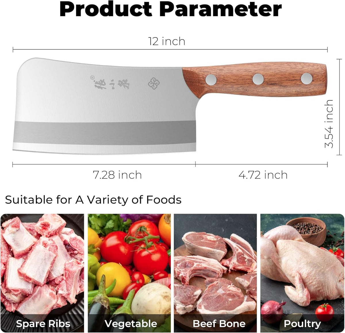 7.3” Meat Cleaver Butcher Knife, Chinese Vegetable Chopper Slicing Knife, Professional Chef Knife with Wood Handle and High Carbon Stainless Steel Sharp Blade