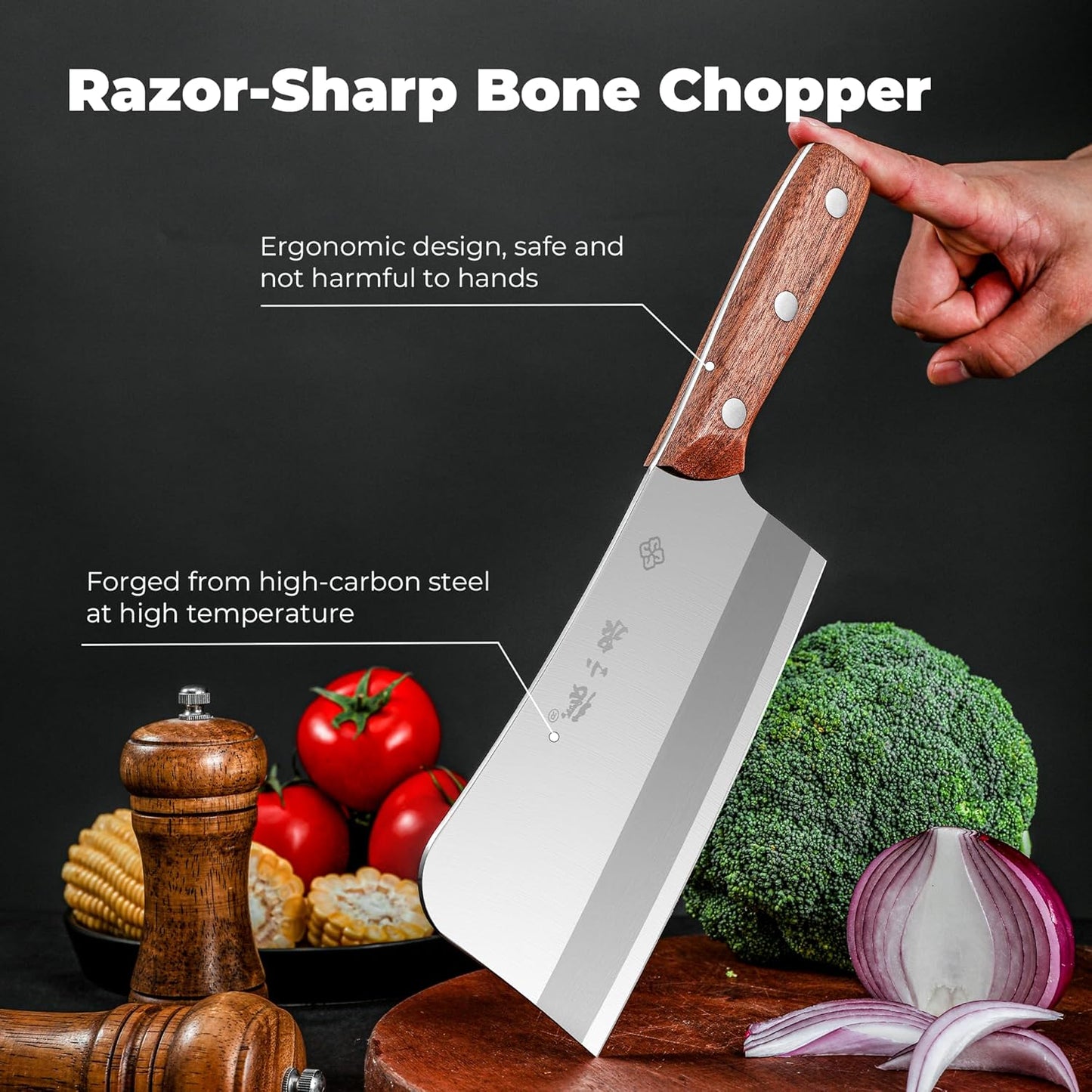7.3” Meat Cleaver Butcher Knife, Chinese Vegetable Chopper Slicing Knife, Professional Chef Knife with Wood Handle and High Carbon Stainless Steel Sharp Blade