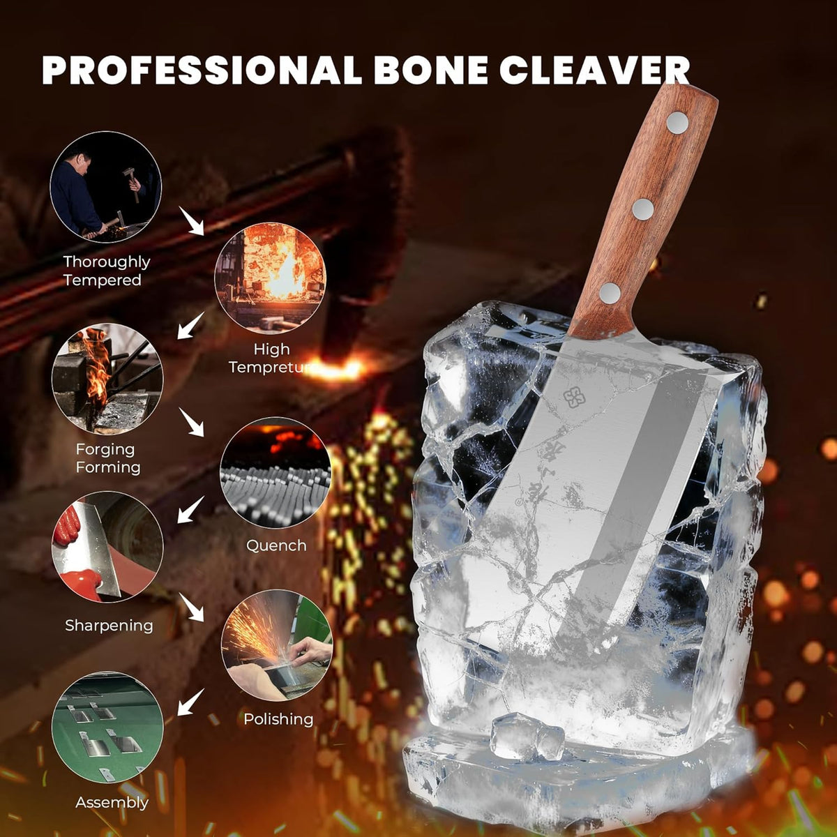 7.3” Meat Cleaver Butcher Knife, Chinese Vegetable Chopper Slicing Knife, Professional Chef Knife with Wood Handle and High Carbon Stainless Steel Sharp Blade