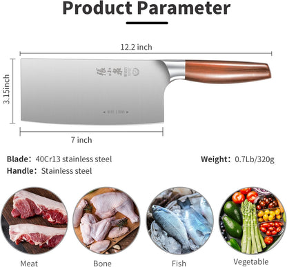 7.3” Meat Cleaver Butcher Knife, Chinese Vegetable Chopper Slicing Knife, Professional Chef Knife with Wood Handle and High Carbon Stainless Steel Sharp Blade