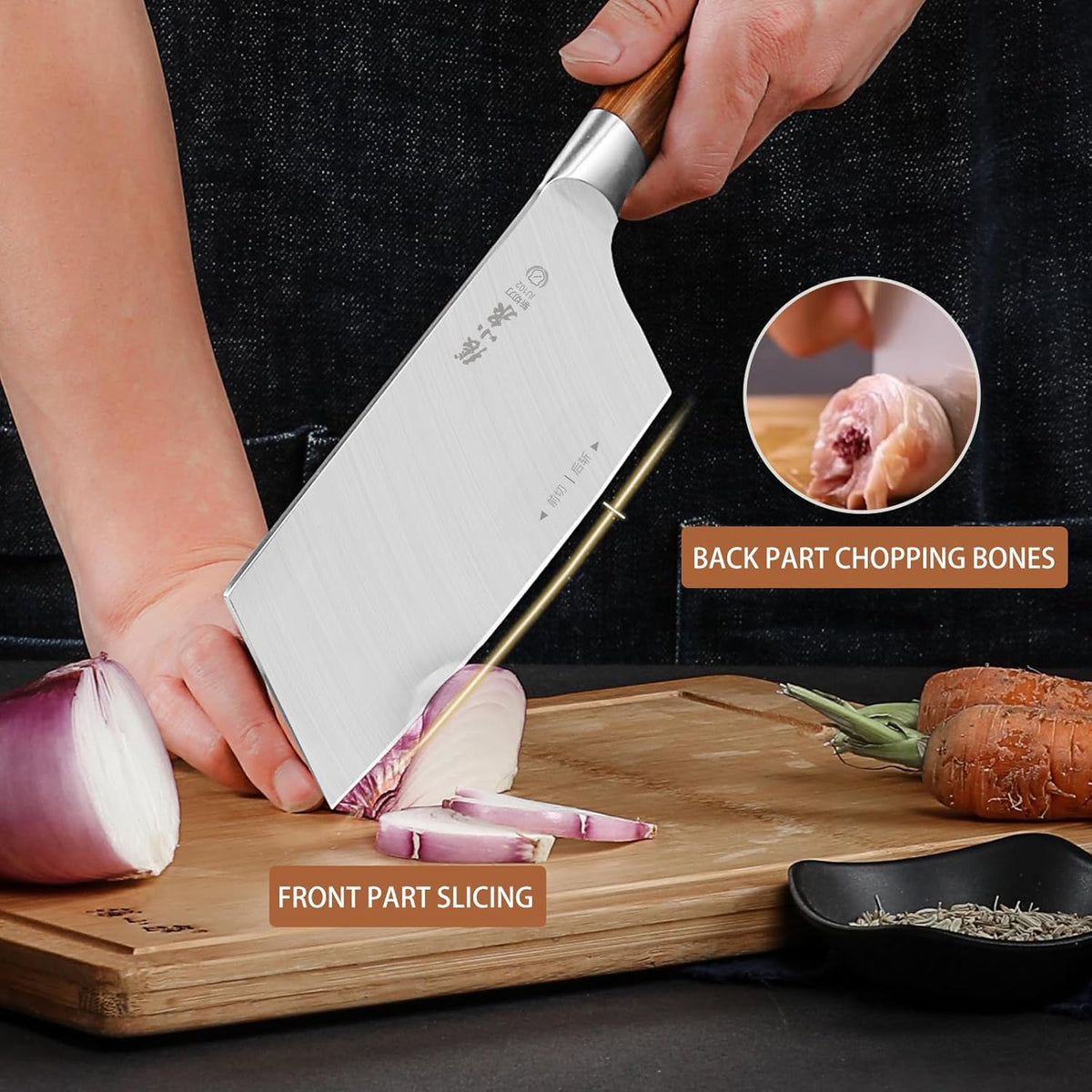 7.3” Meat Cleaver Butcher Knife, Chinese Vegetable Chopper Slicing Knife, Professional Chef Knife with Wood Handle and High Carbon Stainless Steel Sharp Blade